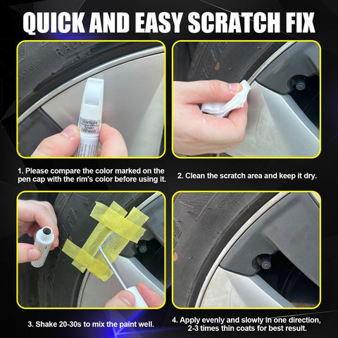 Steps for using Tesla Rim Touch Up Paint Kit For Model Y, Model 3, Model S, And Model X Wheels, 2 In 1 Rim Scratch Repair