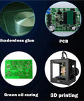 Image showcasing Badass 720W Uv Led Curing Light 365Nm 395Nm 405Nm for PCB boards alongside shadowless glue and 3D printing.