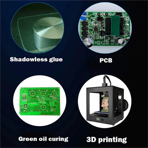 Image showcasing Badass 720W Uv Led Curing Light 365Nm 395Nm 405Nm for PCB boards alongside shadowless glue and 3D printing.