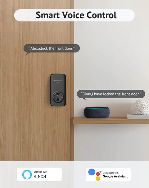 Bluetooth Enabled Smart Door Lock With Keyless Entry, Alexa and Google Assistant, on wooden door next to smart speaker