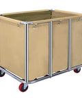 Heavy Duty Commercial Laundry Cart With Wheels Industrial Stainless Steel Linen Tote For Hotel Housekeeping, beige canvas with red wheels.