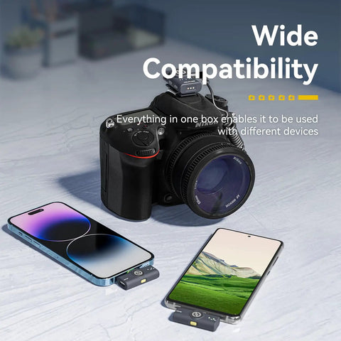 Lark M2 Wireless Lavalier Microphone for iPhone, Android, Cameras and PCs with devices displayed showing compatibility