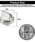 5 Pack Beefed Up Gas Stove Knobs Replacement For JGP3030SL1SS JGP3030SL2SS Cooktop Knobs Two By One Point Eight Inch Size With AP6301265 4585904 PS12296155 EAP12296155 Fits Range, showing 2 x 1.8 inch silver knob and dimensions