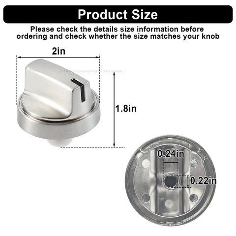 5 Pack Beefed Up Gas Stove Knobs Replacement For JGP3030SL1SS JGP3030SL2SS Cooktop Knobs Two By One Point Eight Inch Size With AP6301265 4585904 PS12296155 EAP12296155 Fits Range, showing 2 x 1.8 inch silver knob and dimensions