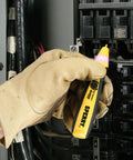 Dead Simple Adjustable Non Contact Voltage Sensor Tests 12 To 1000 V AC Fast With Loud Audio Tone And Clear Flashing Light Tough Rubberized Handle For Real Deal Electricians Today testing in electrical panel.