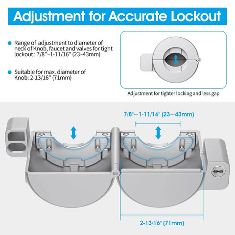 Diagram of Door Knob Lockout Device With 3 Keys For Kidproof Safety, Easy Adjustable Knob Cover Lock, dimensions shown.