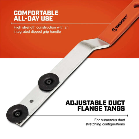 Heavy Duty Duct Stretcher Tool For HVAC Systems with long handle, steel construction, red grip, ideal for tight spaces and all-day use.