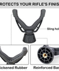 360 Degree Rotating V Yoke Rifle Rest for shooting sticks, tripods, and monopods with rubber and reinforced base details.