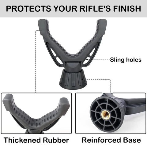 360 Degree Rotating V Yoke Rifle Rest for shooting sticks, tripods, and monopods with rubber and reinforced base details.