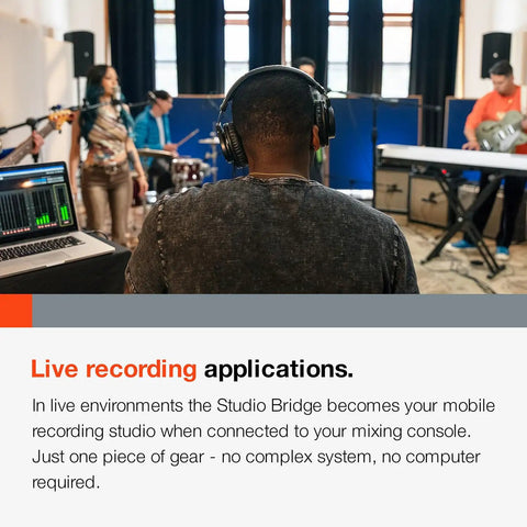 Musician monitoring Studio Bridge 24 Channel Multi Track Recorder And USB Audio Interface With MIDI For Home Studio Recording.
