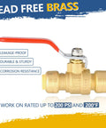 1/2 Inch Push Fit Ball Valve With Drain Full Port Brass Shut Off For Copper PEX CPVC Plumbing Fittings, Lead Free Brass