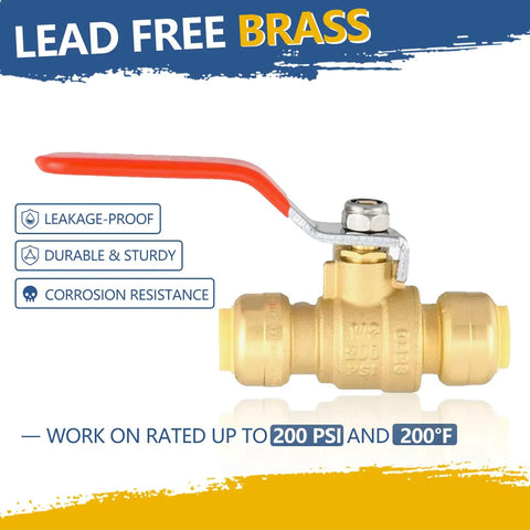 1/2 Inch Push Fit Ball Valve With Drain Full Port Brass Shut Off For Copper PEX CPVC Plumbing Fittings, Lead Free Brass