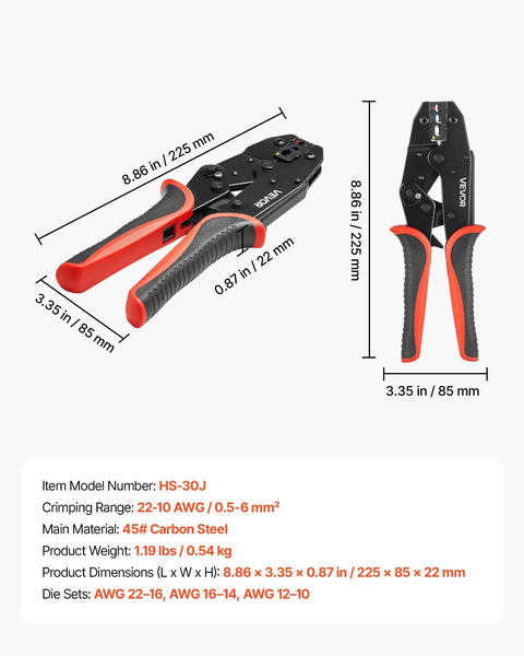Heavy Duty Ratcheting Wire Crimper Pliers For 22 To 10 AWG Electrical Terminals shown from above with red and black ergonomic handles.
