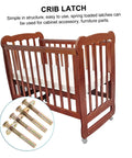 Wooden crib with mattress and inset showing 4 Pack Spring Loaded Latch Kit For Crib And Bed Rails No Sweat Easy Installation
