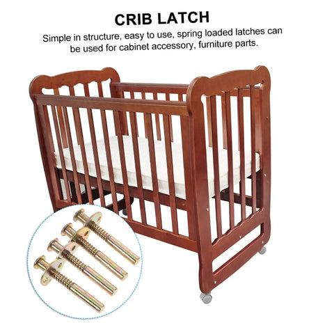 Wooden crib with mattress and inset showing 4 Pack Spring Loaded Latch Kit For Crib And Bed Rails No Sweat Easy Installation