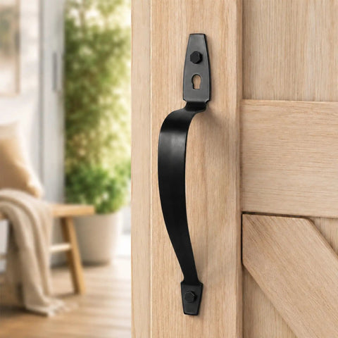 Gate Handle Pull Ten And Three Eighths Inch Heavy Duty Steel Door Handle With Black Finish Hardware Included For Wooden Fences Sheds Barn Doors And Garages Weather Resistant And Easy To Install mounted on wooden gate