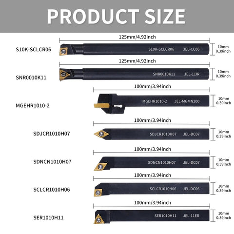 Heavy Duty 3/8 Indexable Lathe Turning Tool Set With Seven Angled Holders And Sharp Carbide Inserts For No Nonsense Shop Grade Metalworking Projects, showing sizes and holders.