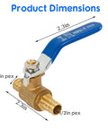10 Pack 1/2 Inch PEX Brass Full Port Shut Off Ball Valve Hot And Cold Quarter Turn Red Blue Water Stop Valve For Residential Plumbing Lead-Free Brass Construction Go-To 1/2 Inch PEX Piping Compatible, shown with dimensions including blue handle.