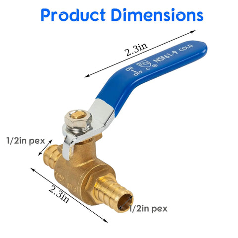 10 Pack 1/2 Inch PEX Brass Full Port Shut Off Ball Valve Hot And Cold Quarter Turn Red Blue Water Stop Valve For Residential Plumbing Lead-Free Brass Construction Go-To 1/2 Inch PEX Piping Compatible, shown with dimensions including blue handle.