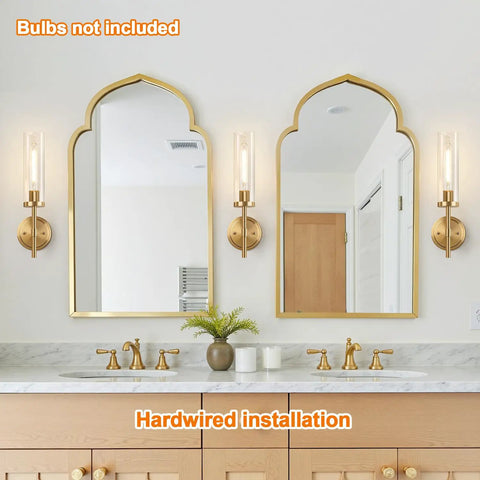 Modern Brushed Gold Wall Sconces Set Of Two With Clear Glass Hardwired Adjustable Up Or Down Vanity Light Fixture For Bathroom Smooth Vibe Upgrade displayed in a bathroom with mirrors.