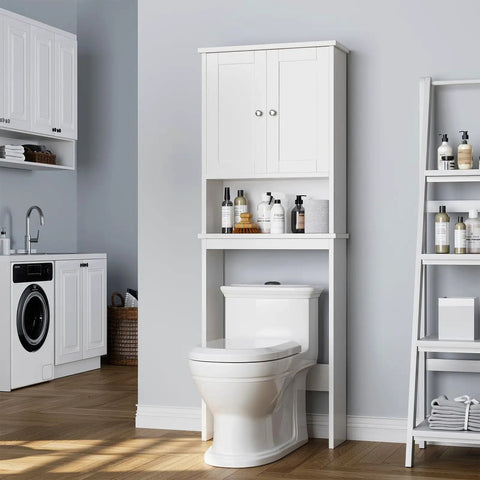 Top Shelf Over The Toilet Storage Cabinet, Slick Bathroom Space Saver Stand With Adjustable Rack And Open Cubby, Moisture Resistant White Finish, Sweet Home Upgrade above modern white toilet with storage.