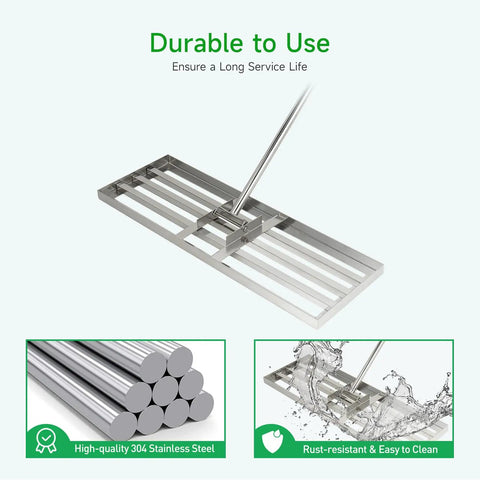 Heavy Duty Lawn Leveling Rake 30x10 Stainless Steel With 78 Inch Ergonomic Handle tool shown with durability features