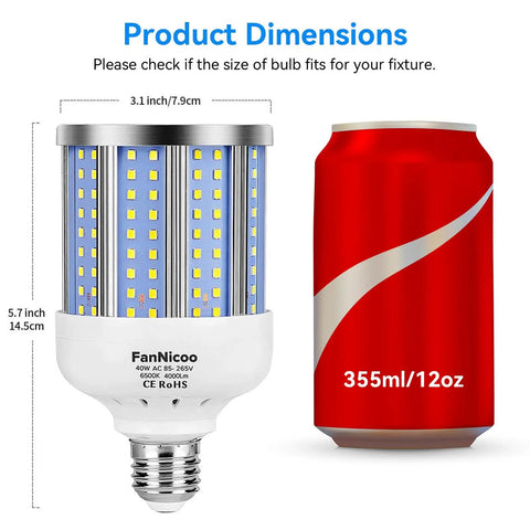2 Pack 40W LED Corn Light Bulbs 4000 Lumens 6500K Cool White Daylight E26 E27 Base Indoor Outdoor Use Energy Saving High Brightness
