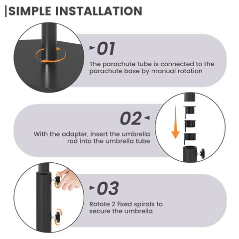 Installation steps for Outdoor Umbrella Base 42Lbs With Stainless Steel Tube, showing manual rotation and securing spirals.