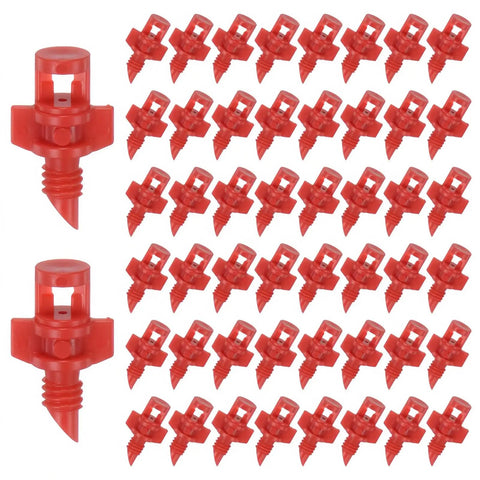 100 Pack Pressure Activated Pump Spray Heads for 360 Degree Red Micro Mist Irrigation Systems arranged in rows