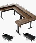 Top Shelf Badass Corner Electric Standing Desk With Spacious Storage Drawers And Clean Power Strip Tray Smooth Height Adjustable Gaming Table Sick Setup For Massive Dual Monitor Rigs Walnut, dimensions shown.