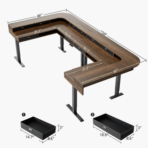 Top Shelf Badass Corner Electric Standing Desk With Spacious Storage Drawers And Clean Power Strip Tray Smooth Height Adjustable Gaming Table Sick Setup For Massive Dual Monitor Rigs Walnut, dimensions shown.