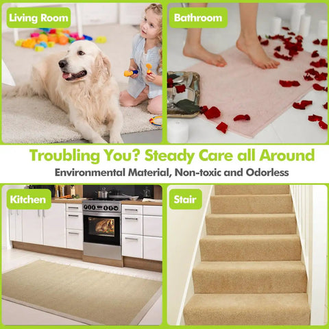 Rooms benefiting from 12 Pack Non Slip Rug Grippers For Hardwood Floors Tile Concrete And Marble Triangle Shape With Strong Double Sided Adhesion For Secure Rugs In High Traffic Areas Easy Peel Off Black.