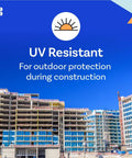 Blue Window Protection Film 24 Inch By 600 Feet For Construction Self Adhesive Temporary Glass Protection Tape Made In The USA Built Tough Shields Windows From Overspray Paint Mortar Stains Acid Wash Weather And More Covering Up To 1200 Square Feet showcasing UV resistant feature during construction with city building in background.