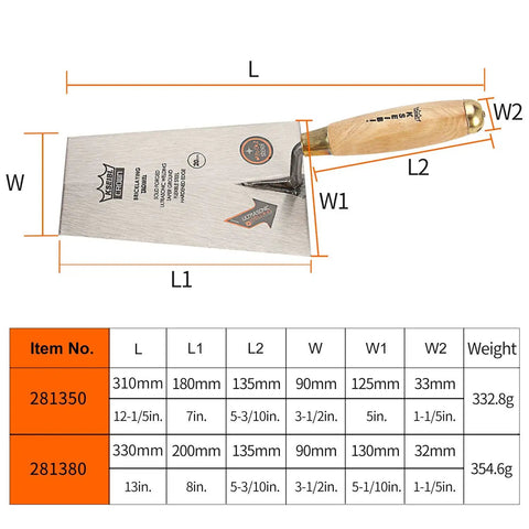 Narrow Bucket Pro Grade Heavy Duty Brick Trowel With Wooden Handle Square Tip For Bricklaying 7 Inch 180mm Solid Forged Steel Blade chart