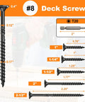 Detailed image of Deck Screws Set 100 Pcs Black 8 By 1 Inch Star Drive Wood Screws with dimensions and T20 bit for installation.