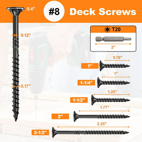 Detailed image of Deck Screws Set 100 Pcs Black 8 By 1 Inch Star Drive Wood Screws with dimensions and T20 bit for installation.