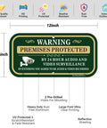 2 Pack Outdoor Security Warning Signs For Premises Guard Your Ground With 24 Hour Video And Audio Surveillance Alert Heavy Duty Aluminum Plate High Visibility Green Golden White Design showing dimensions and features.