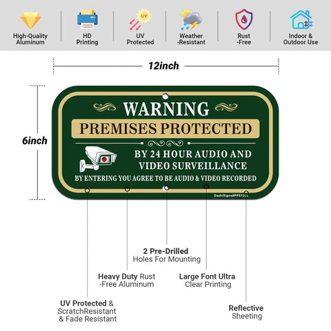 2 Pack Outdoor Security Warning Signs For Premises Guard Your Ground With 24 Hour Video And Audio Surveillance Alert Heavy Duty Aluminum Plate High Visibility Green Golden White Design showing dimensions and features.