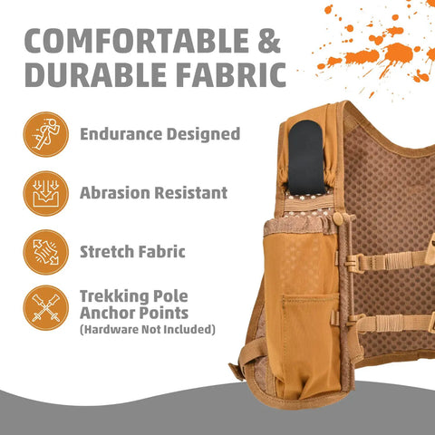 Side view of Run Ready Hydration Vest Four Point Zero Lightweight Pack with durable fabric and trekking pole anchor points