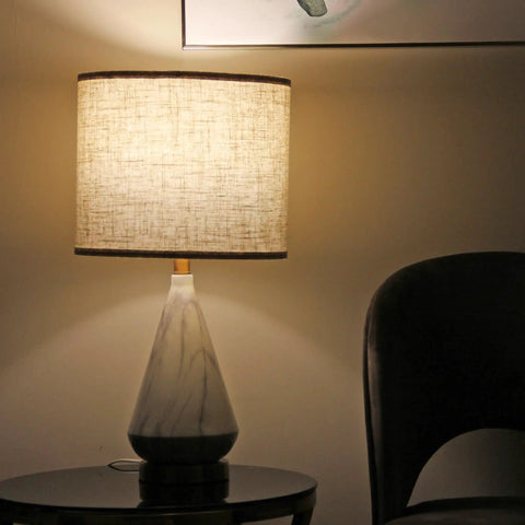 Table lamp with beige linen drum shade on marble base, Beige Linen Drum Lampshade Set Of 2 For Table Floor And Pendant Lights