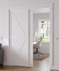 Closet Sliding Barn Doors Set, 72 Inches By 80 Inches, Double K Shape Panels with hardware kit, installed view in modern room