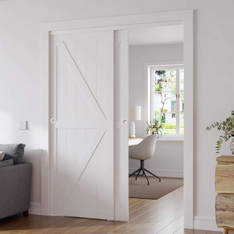 Closet Sliding Barn Doors Set, 72 Inches By 80 Inches, Double K Shape Panels with hardware kit, installed view in modern room