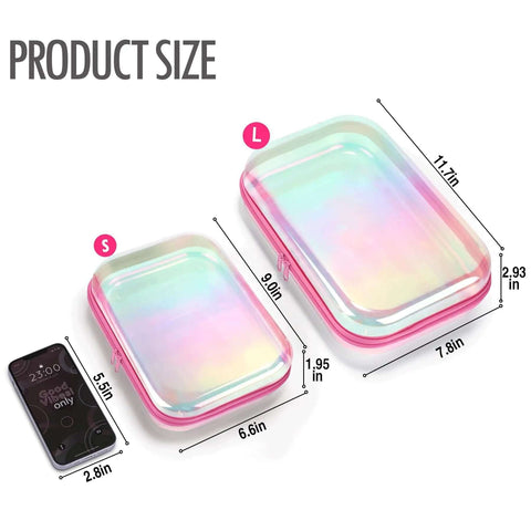 Kickass Clear Hard Shell Zipper Cases 2 Pack Iridescent Finish, showing sizes S and L with dimensions for toiletries and travel.