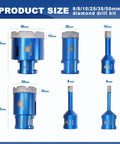 Diagram showing Go To Diamond Core Drill Bit Set For Porcelain Tile Ceramic Marble Granite with sizes: 6mm, 8mm, 10mm, 25mm, 35mm, 50mm.