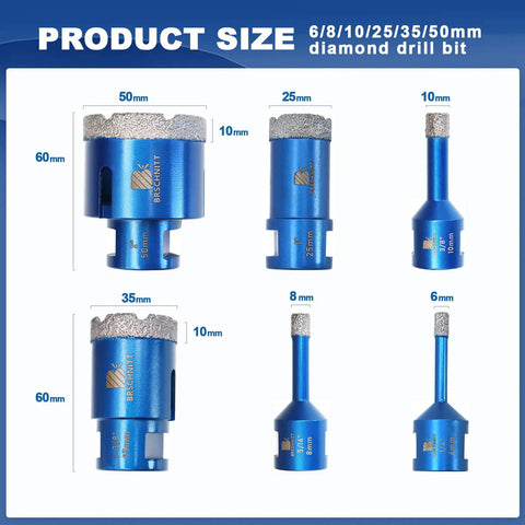 Diagram showing Go To Diamond Core Drill Bit Set For Porcelain Tile Ceramic Marble Granite with sizes: 6mm, 8mm, 10mm, 25mm, 35mm, 50mm.
