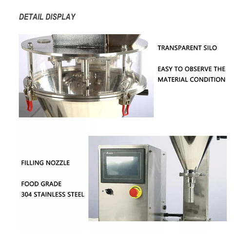 High Precision Electric Auger Filler Machine For Spices And Toner Powders 0.5 To 300 Grams with transparent silo and filling nozzle.