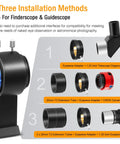 Three installation methods for Mini Guide Scope 30mm Finder Kit for Deep Sky Astrophotography, including eye piece adapter options