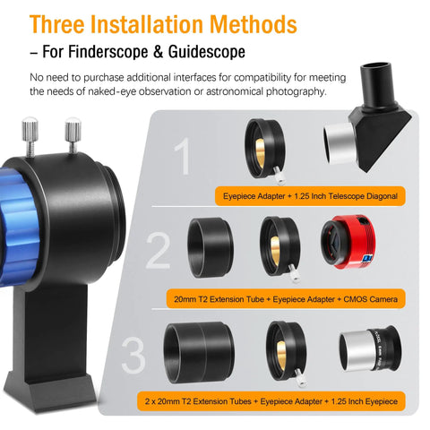 Three installation methods for Mini Guide Scope 30mm Finder Kit for Deep Sky Astrophotography, including eye piece adapter options