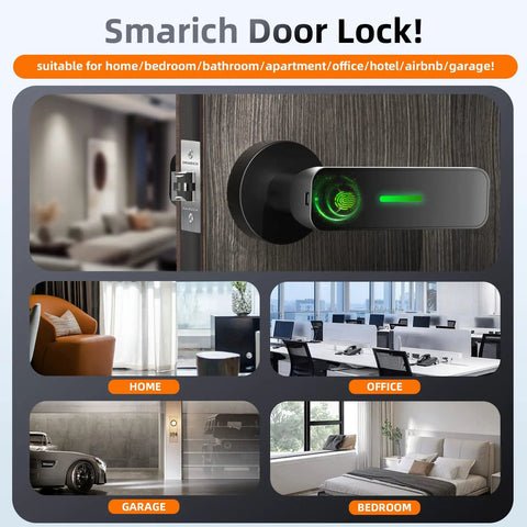 Fingerprint Door Lock With Lever Handle And Keyless Entry For Smart Bedroom Security, black aluminum alloy in various modern settings