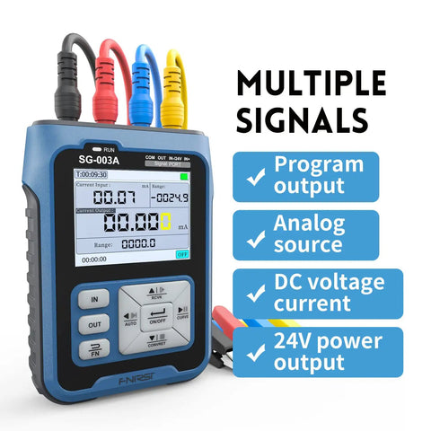 FNIRSI SG003A Signal Generator With RealTime Curve, 0 to24mA Voltage And Current Analog Simulator, Programmable Function Tester For Electronics And Industrial Gear with colorful cables and display.